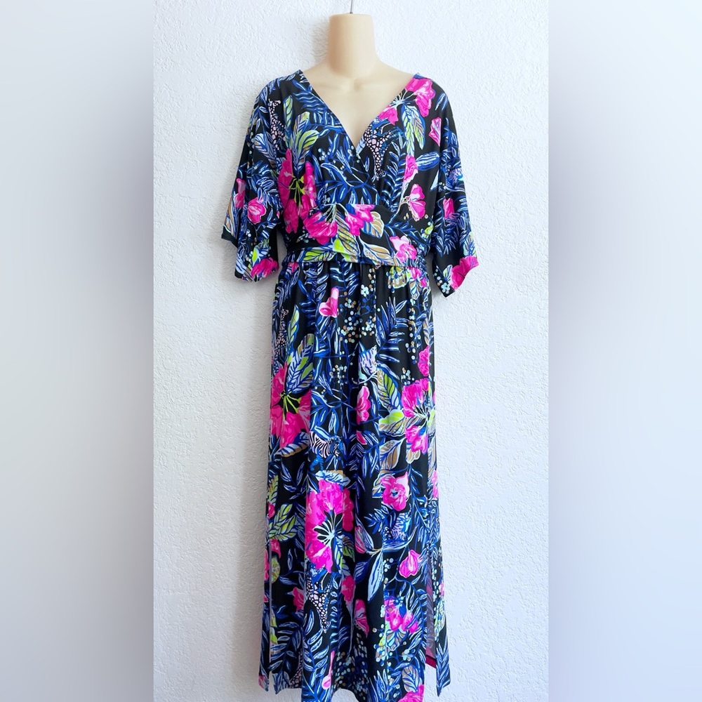 Lilly Pulitzer Parigi Meridian Vibrant Black Floral Midi Dress SMALL Kimono Slit - Picture 2 of 9